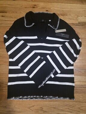 Tahari Black and White Striped V-Neck Collared Sweater- Size Small